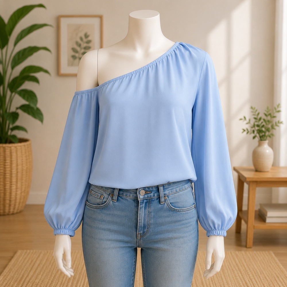 Open Edit One Shoulder Blouse Womens Small Blue Long Sleeve Asymmetric‎ Top